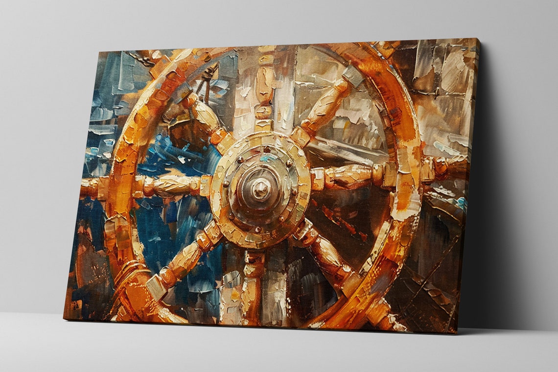 Golden Ships Wheel Close Up Deep Blue Nautical Maritime Wall Art - Image 5