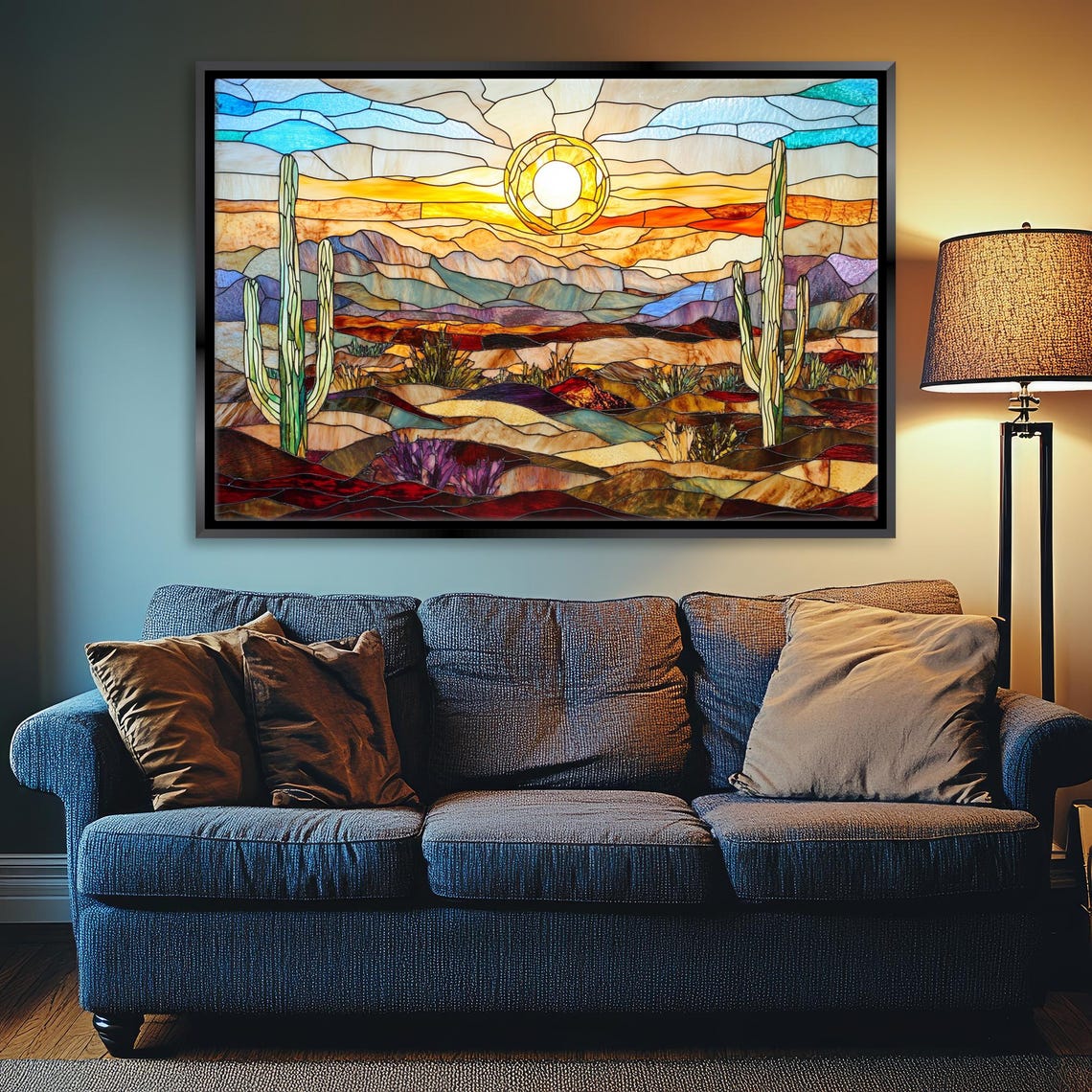 Stained Glass Desert Valley Sunrise Saguaro Cacti Horizontal Art - Image 3