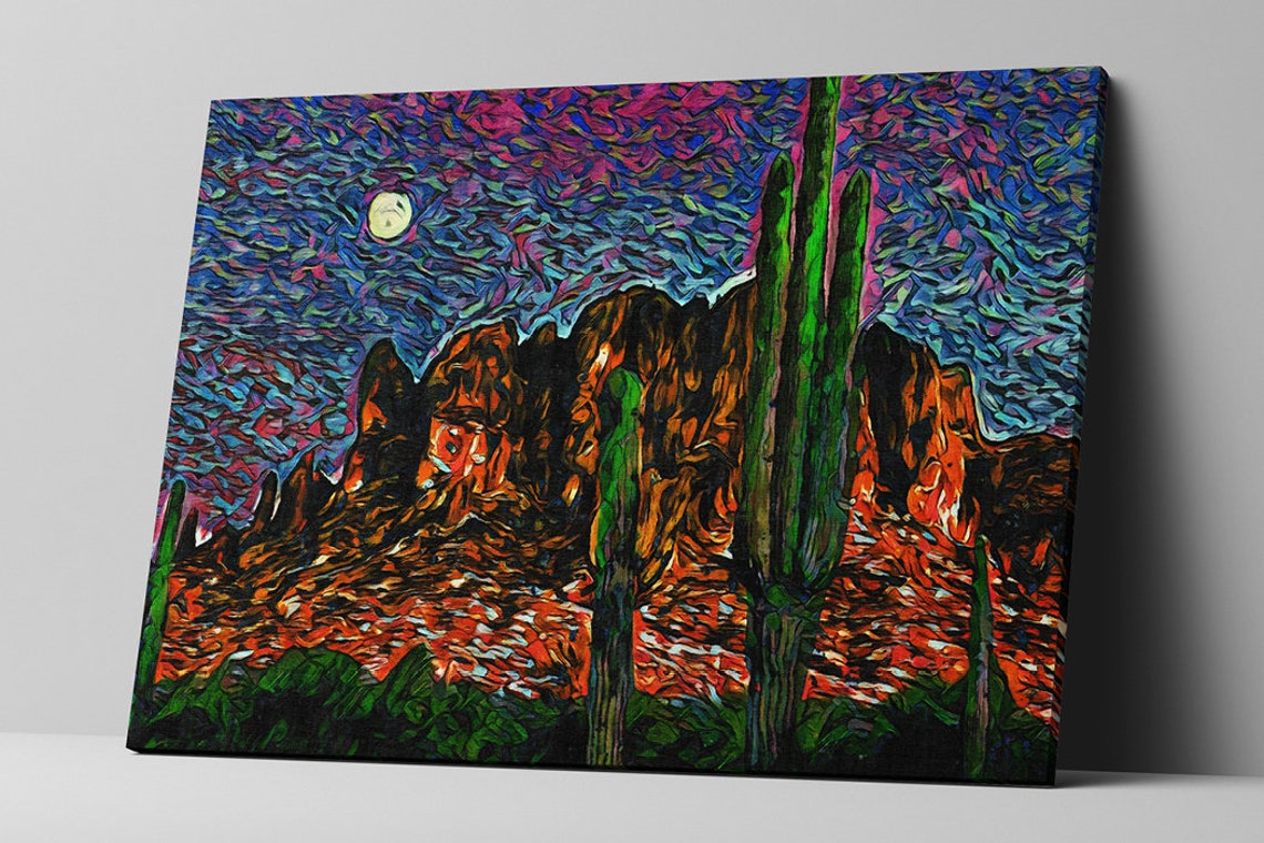 Arizona Desert Moonlit Saguaro Cactus Red Rock Mountains Art Poster - Image 3