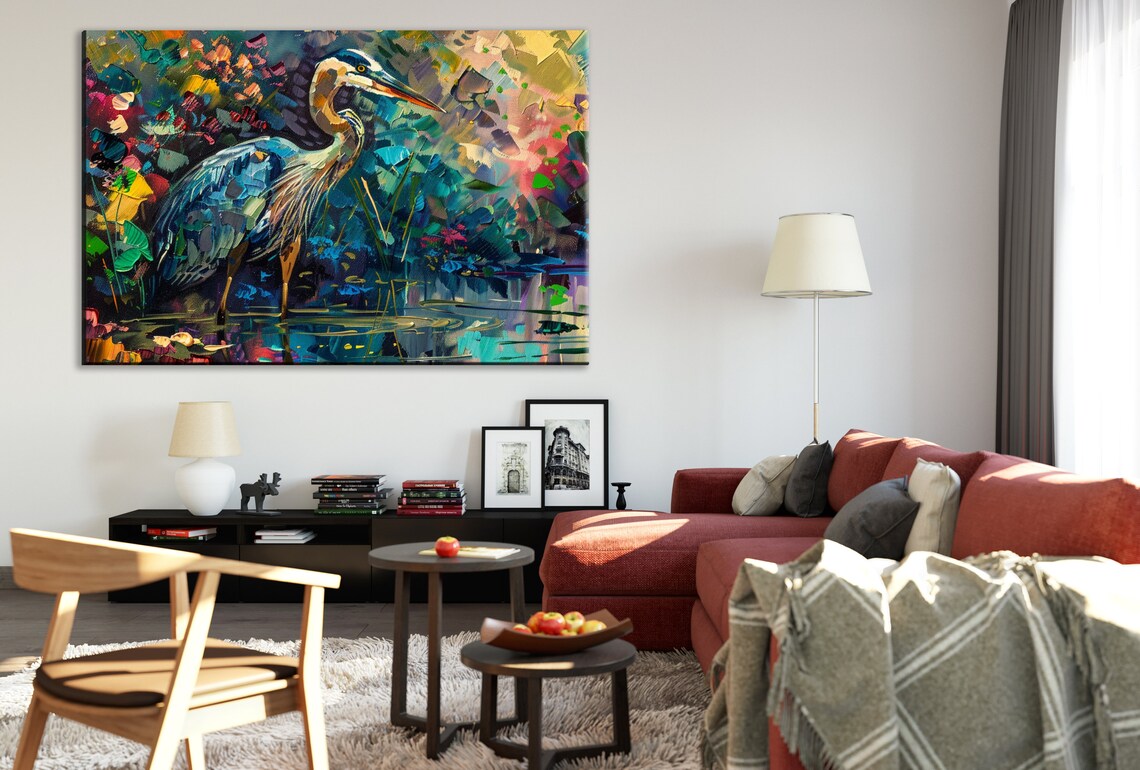Colorful Blue Heron Vibrant Wetlands Oil Painting Impasto Art Poster - Image 2