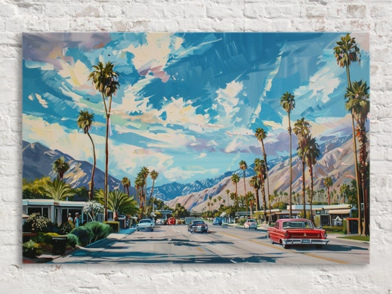 Palm Springs Retro Cityscape Travel Poster, Mid-Century