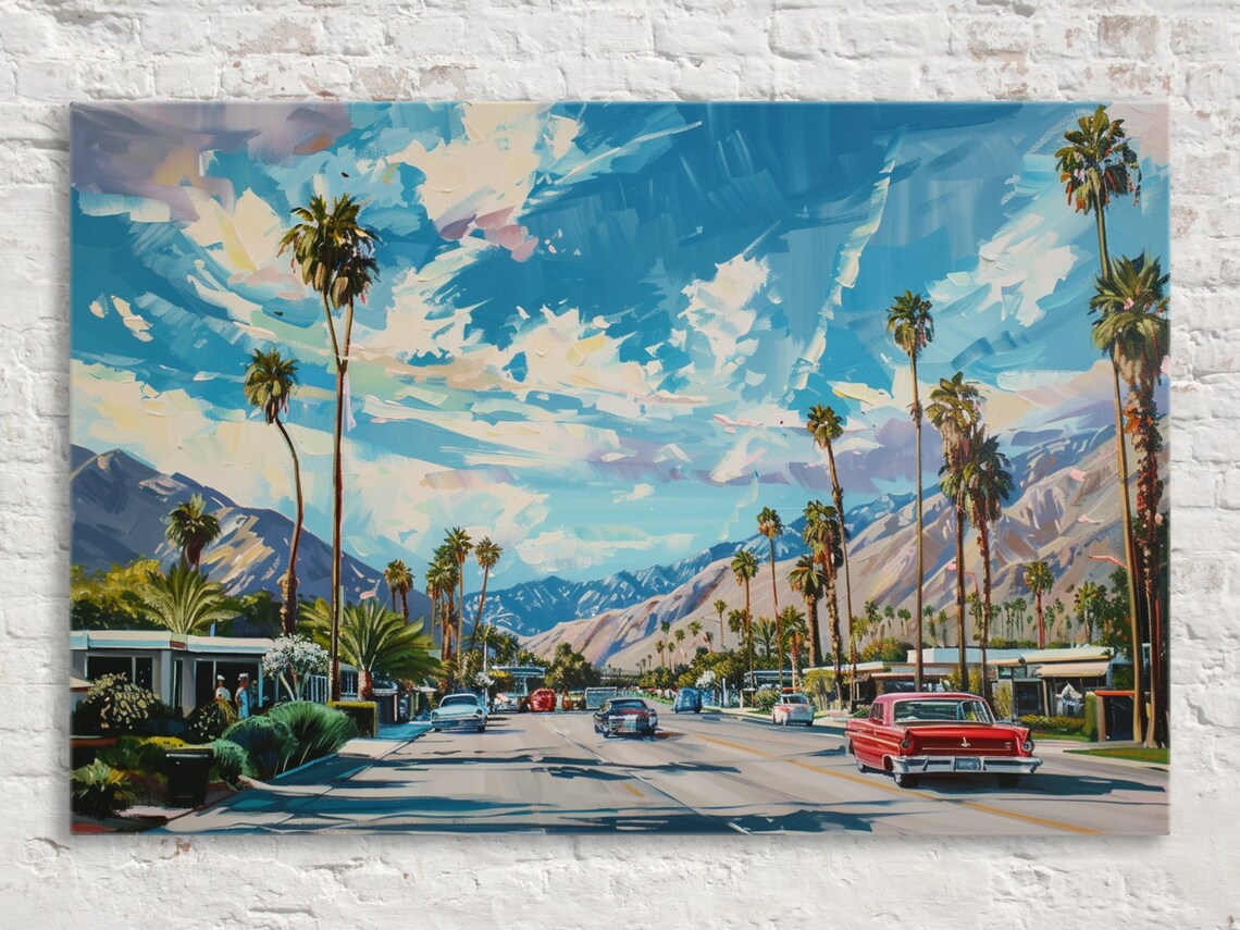 Palm Springs Retro Cityscape Travel Poster, Mid-Century