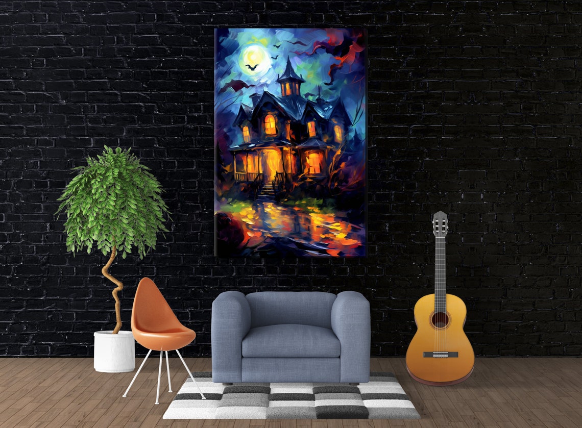 Eerie Haunted Victorian House Full Moon Bats Night Oil Painting Poster - Image 3