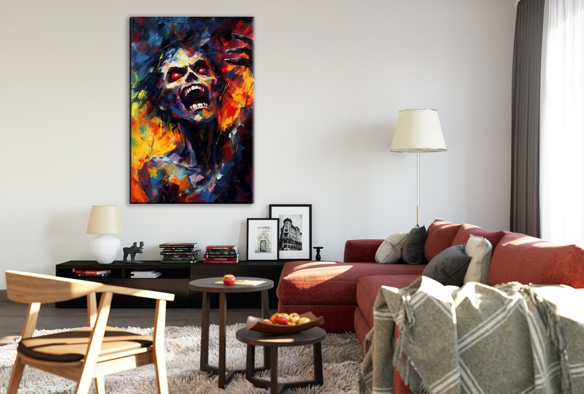 Screaming Zombie Skull Red Eyes Chaotic Expressionist Horror Art Print - Image 2