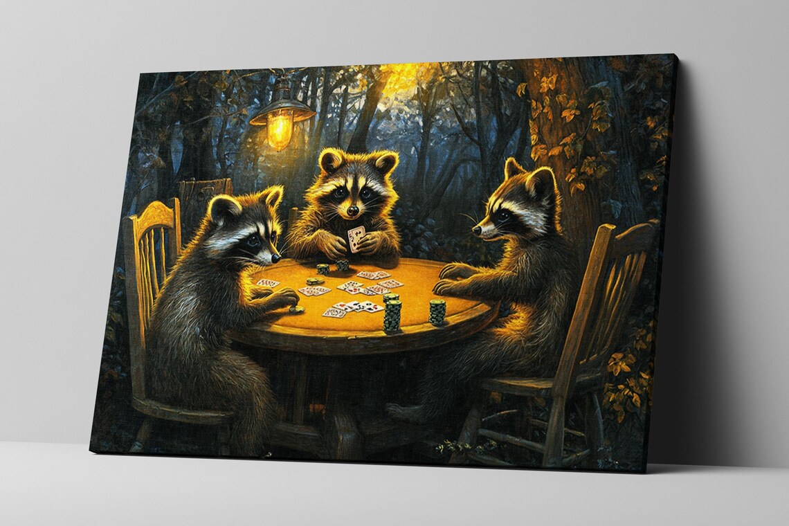 Raccoons Playing Poker Card Game Woodland Night Humorous Animals Art Print - Image 2