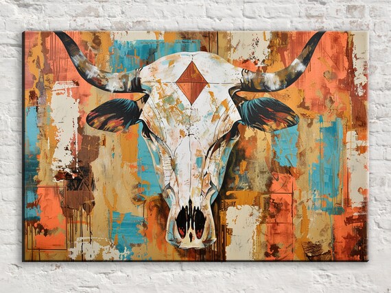 Longhorn Cow Skull White Turquoise Orange Abstract Western Art Poster