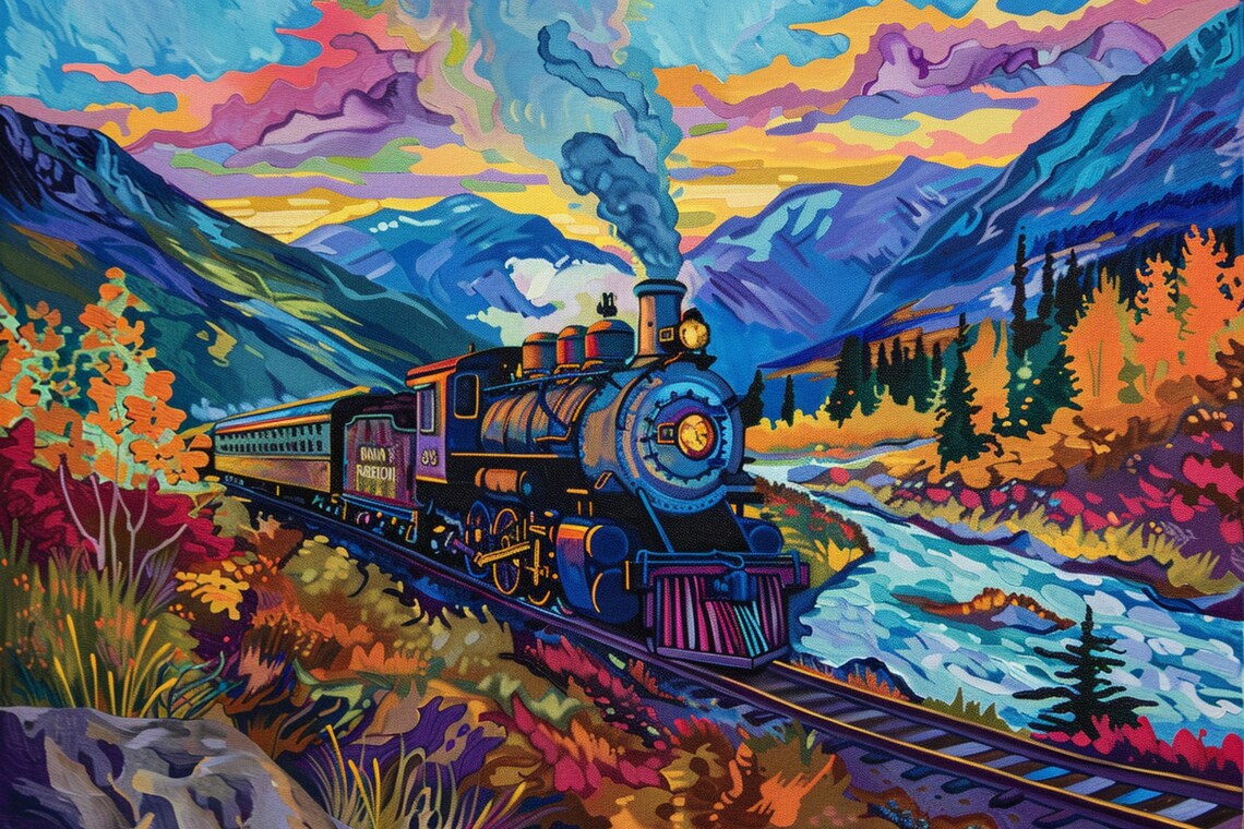 Steam Train River Canyon Autumn Sunset Pop Art Locomotive Poster - Image 5