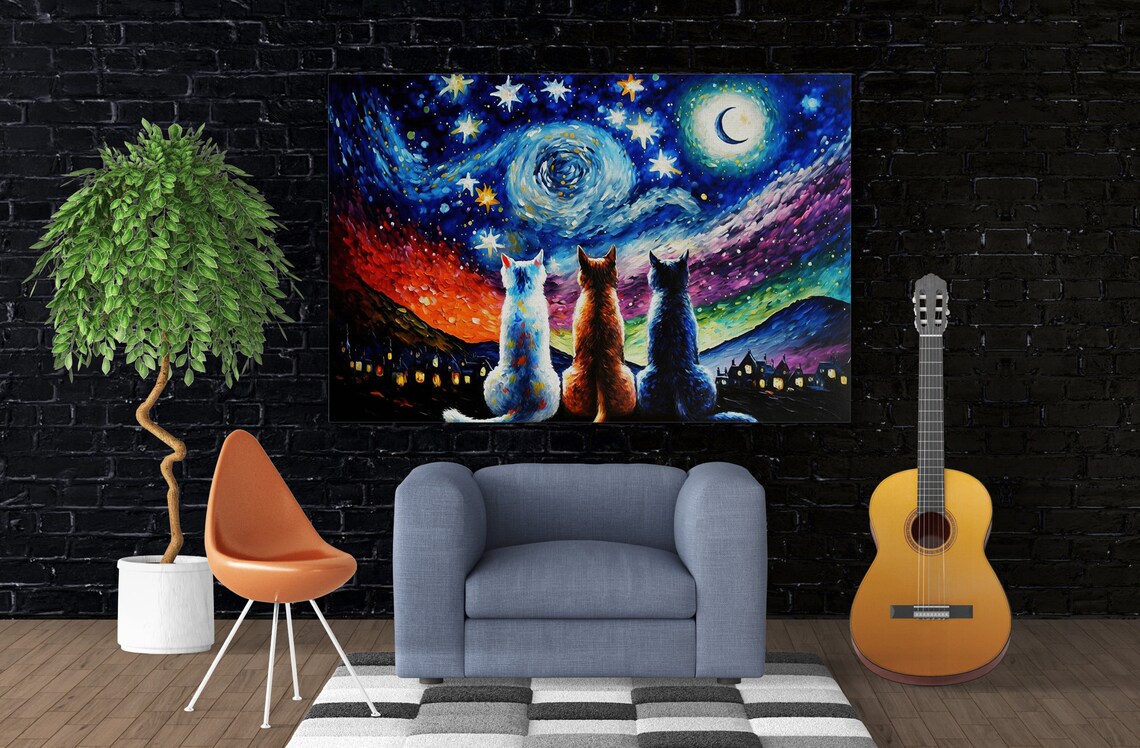 Starry Night Cats, Van Gogh-Inspired Art Print - Image 2