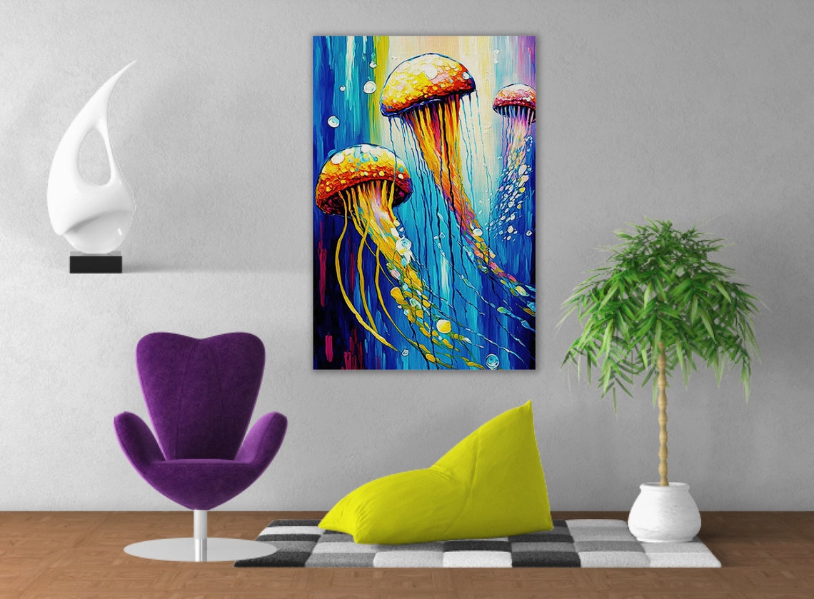 Three Jellyfish Golden Tentacles Deep Blue Ocean Dreamy Art Poster - Image 2