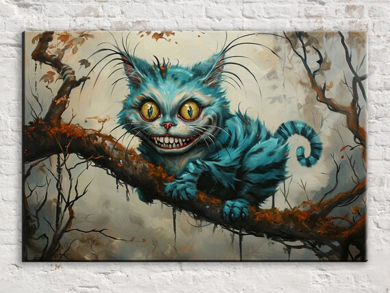 Moody Blue Cheshire Cat On Autumn Branch Eerie Wonderland Art Wall Poster