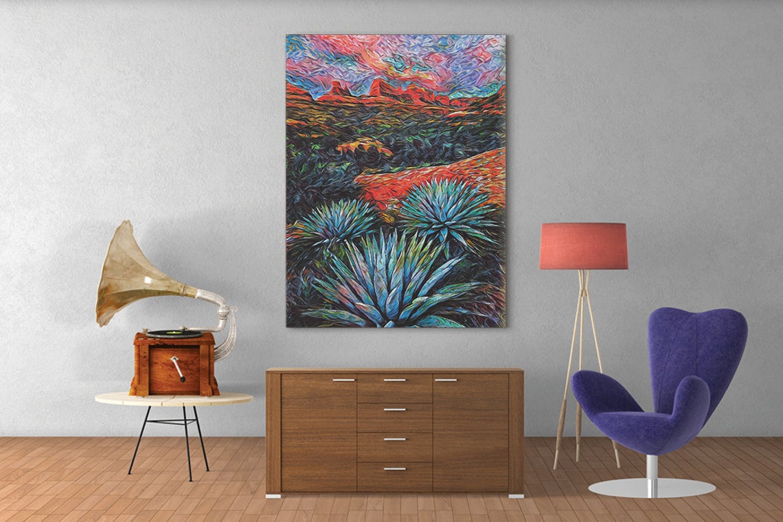 Southwest Desert Sunset Red Rocks Agave Impressionist Poster - Image 3