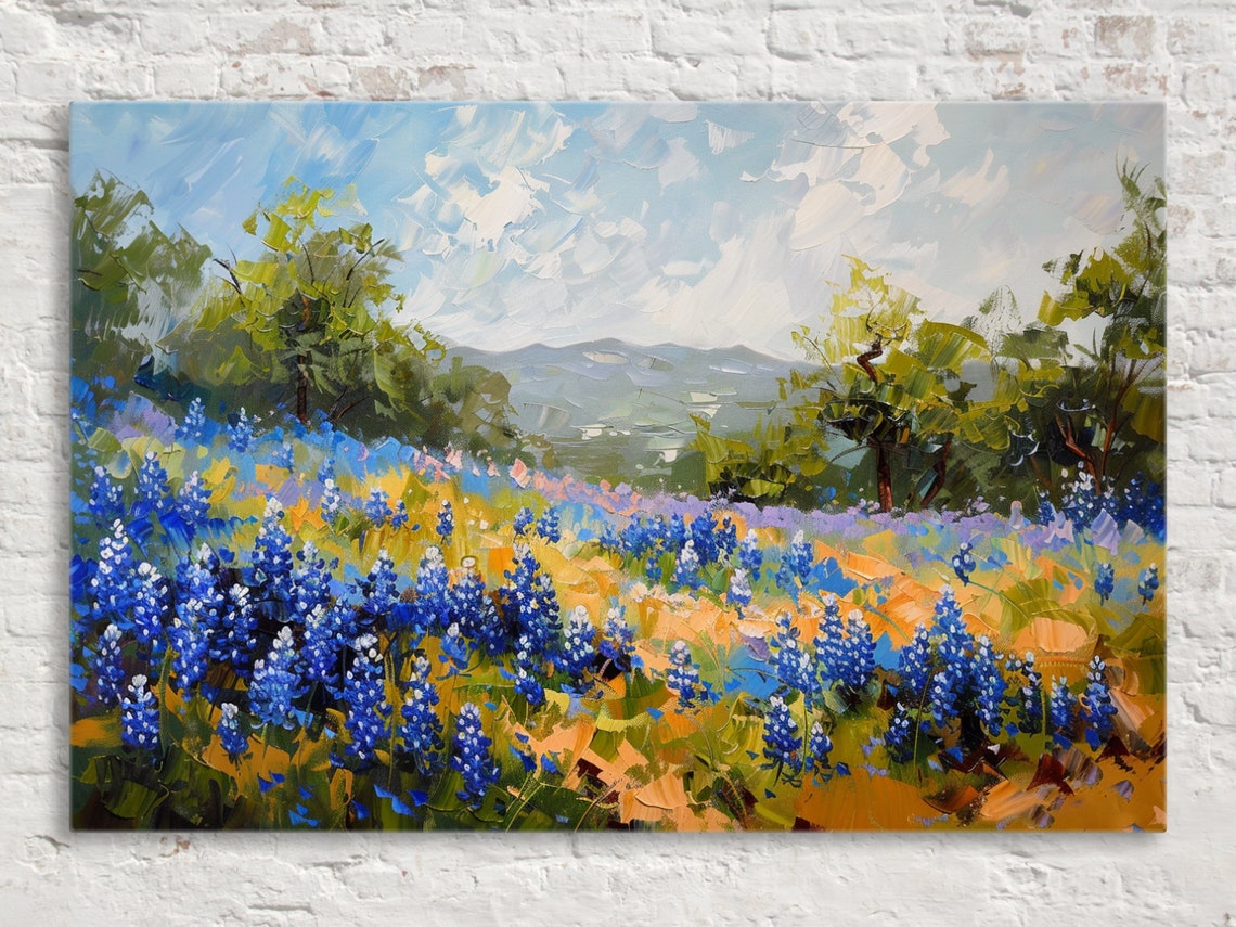 Texas Bluebonnet Meadow Rolling Hills Green Trees Spring Poster