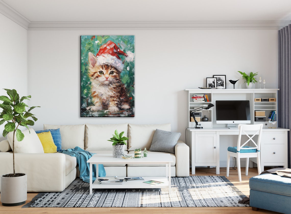 Cute Tabby Kitten In Santa Hat Painterly Christmas Cat Art Wall Poster - Image 3