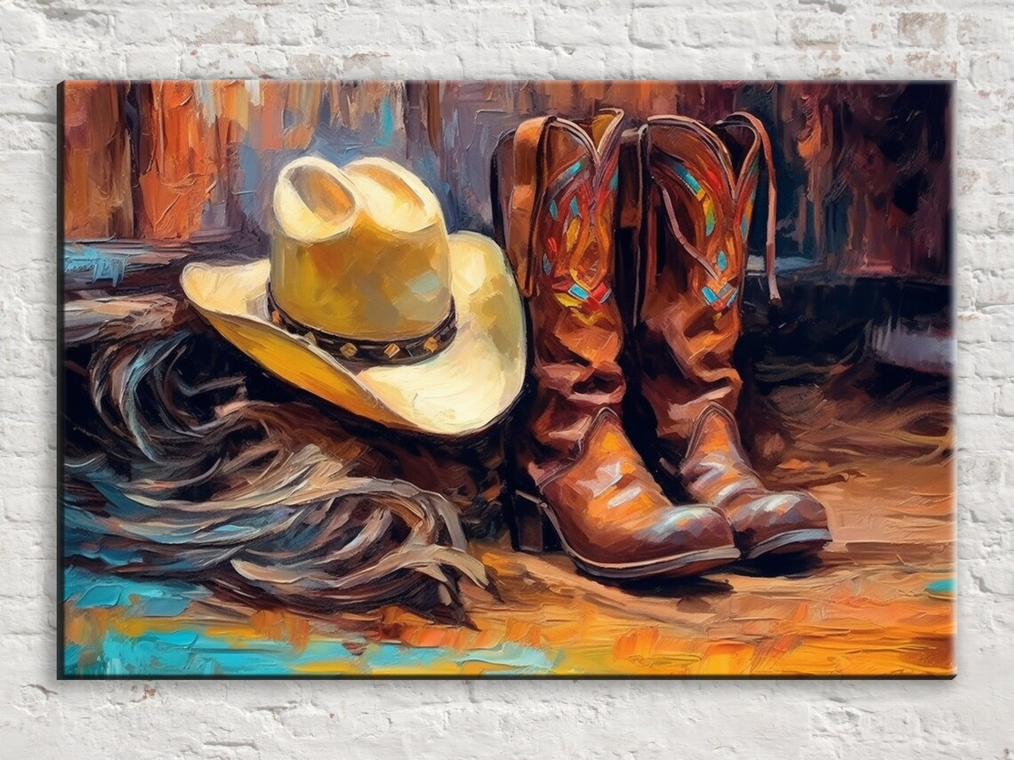 Texas Cowboy Boots and Hat Art Print, Western Decor