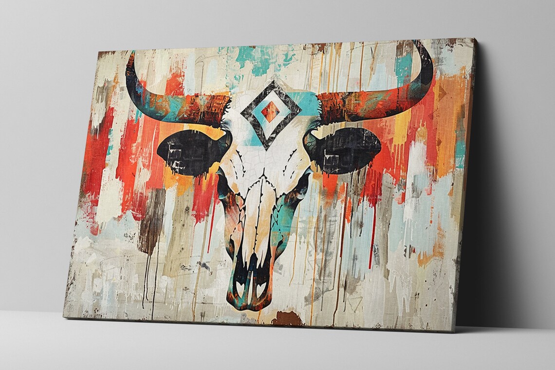 Western Longhorn Cow Skull Turquoise Orange Tribal Paint Drip Poster - Image 5