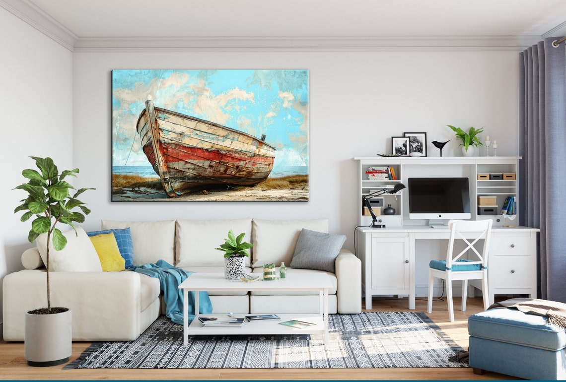 Vintage Red White Weathered Wooden Boat Beached Shore Nautical Poster - Image 3