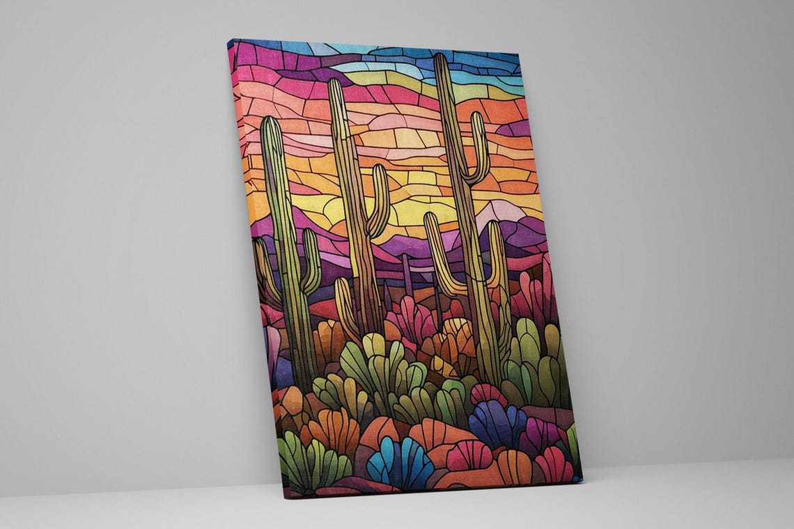 Stained Glass Saguaro Desert Sunset Cactus Landscape Art Poster Print - Image 2
