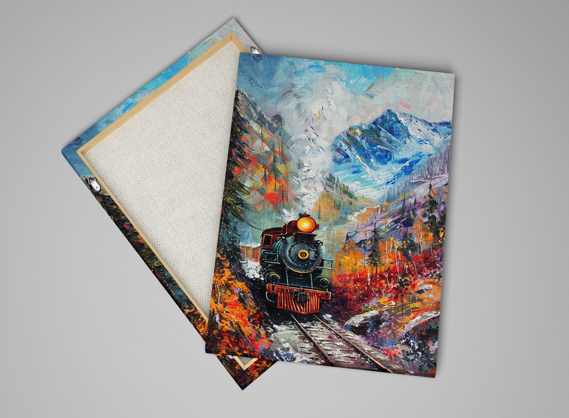 Nostalgic Train Station In Fall Mountains Giclee Print On Gallery Wrapped Artist Available In Extra Large Sizes - Image 4