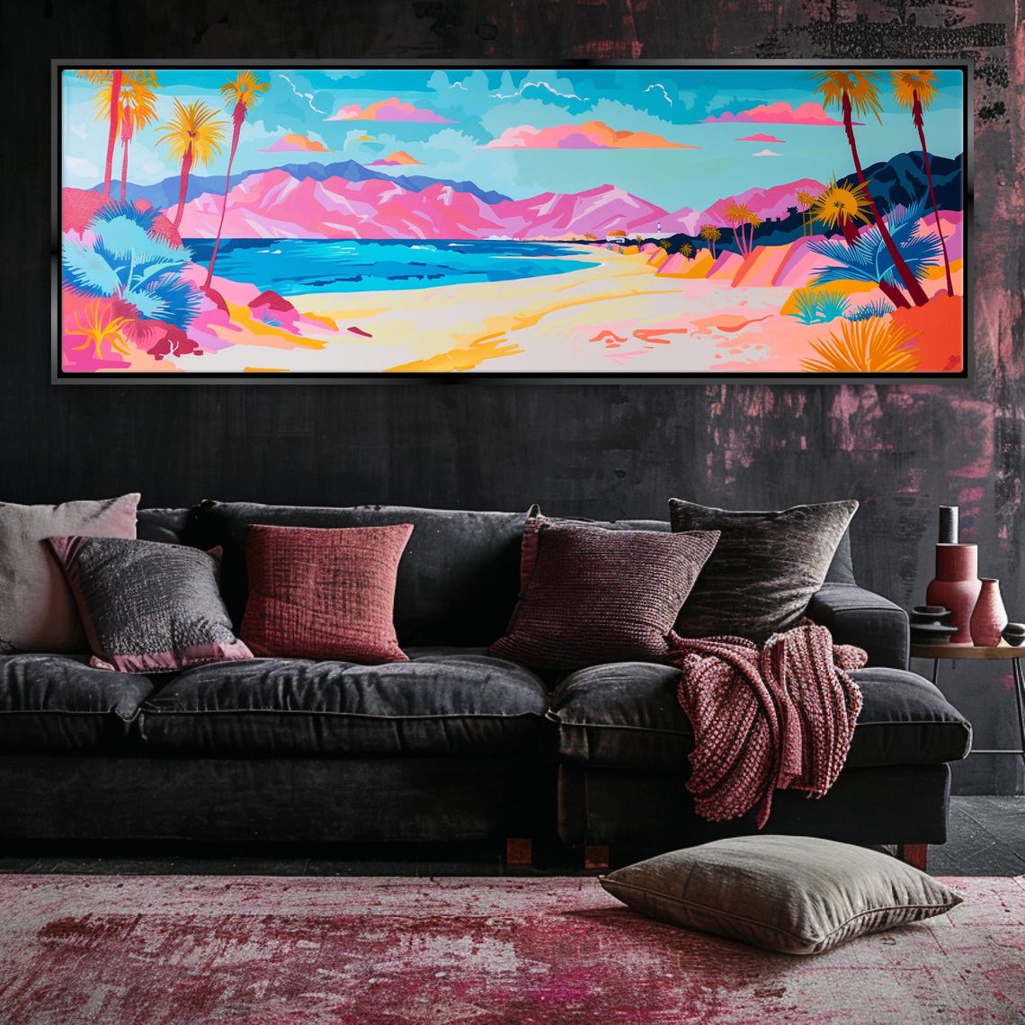 Pastel Beach Panorama Pink Mountains Turquoise Sea Palms Travel Poster - Image 4