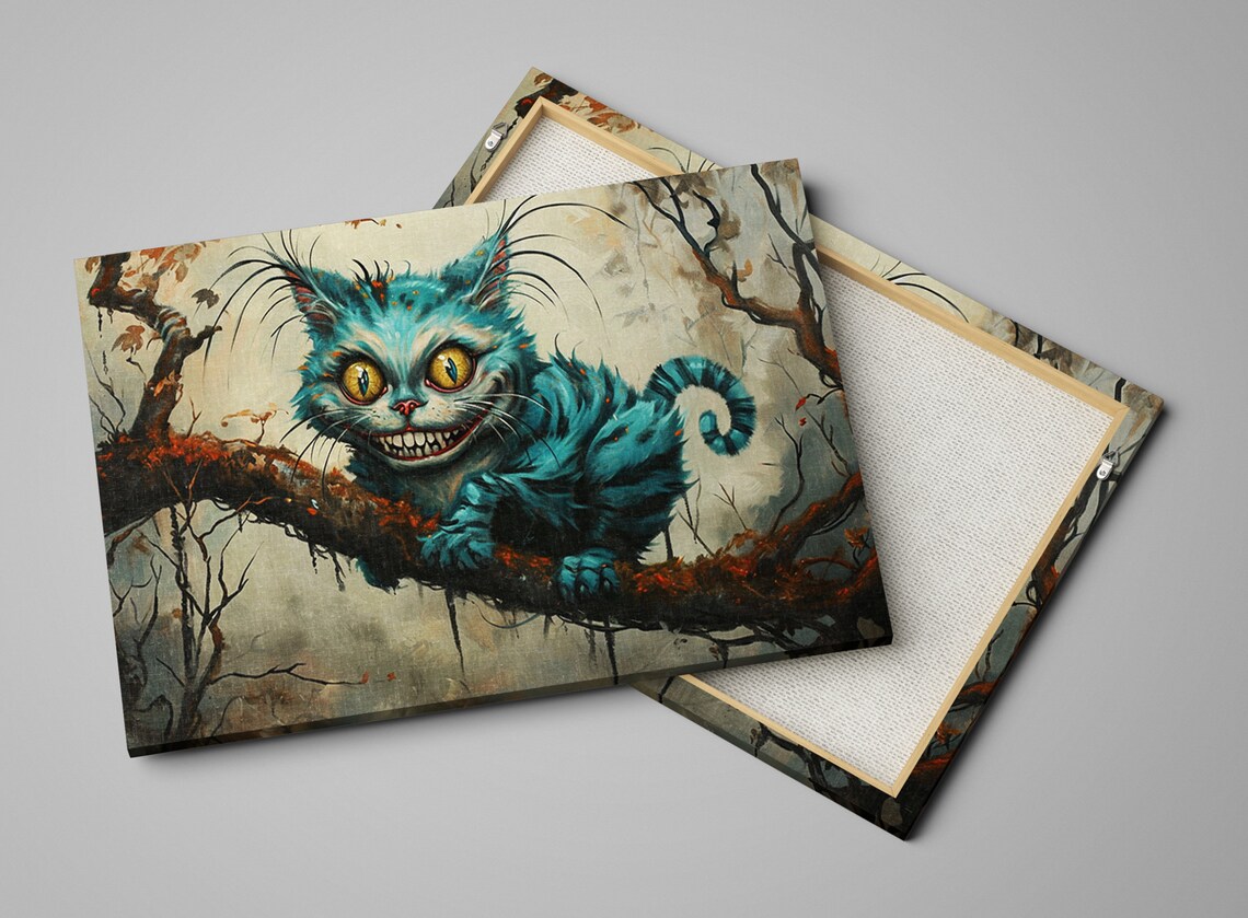 Moody Blue Cheshire Cat On Autumn Branch Eerie Wonderland Art Wall Poster - Image 5