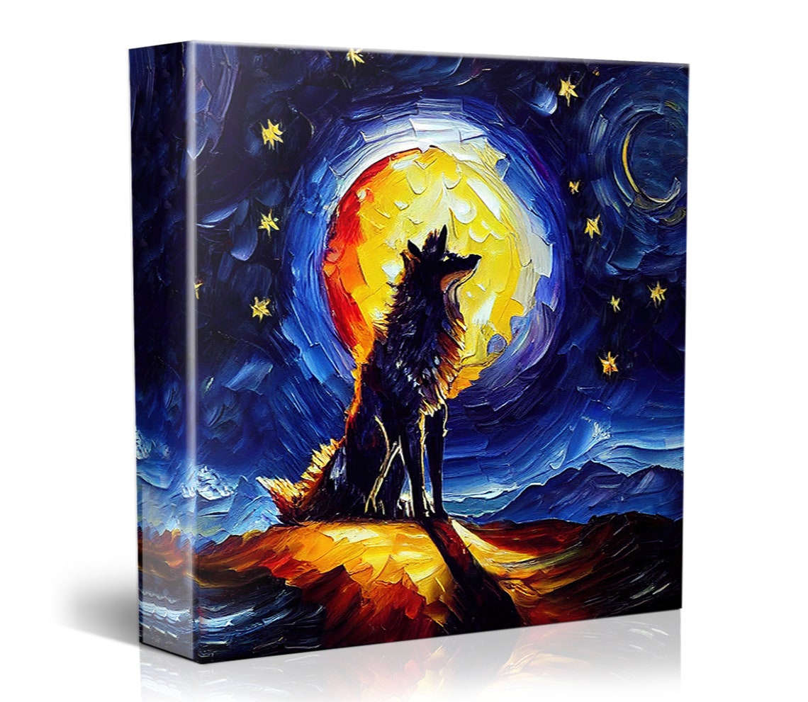 Wolf Howling At Moon Starry Night Blue Sky Wildlife Art Poster - Image 5