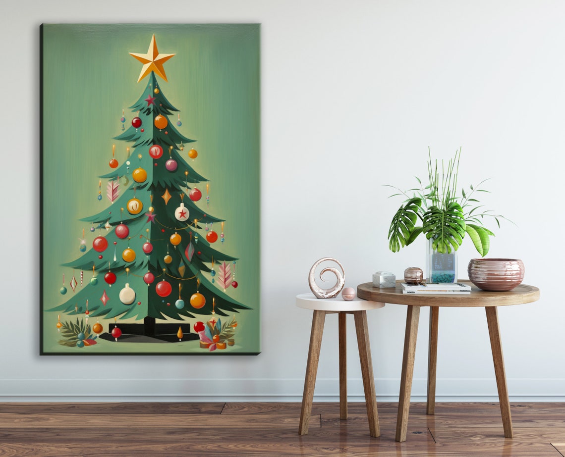 Mid Century Modern Christmas Tree Festive Round Ornaments Art Poster - Image 2