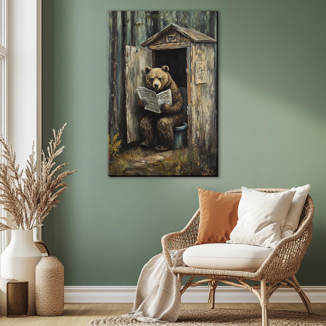 Funny Bear Reading Newspaper In Rustic Outhouse Bathroom Humor Wall Art Poster - Image 4