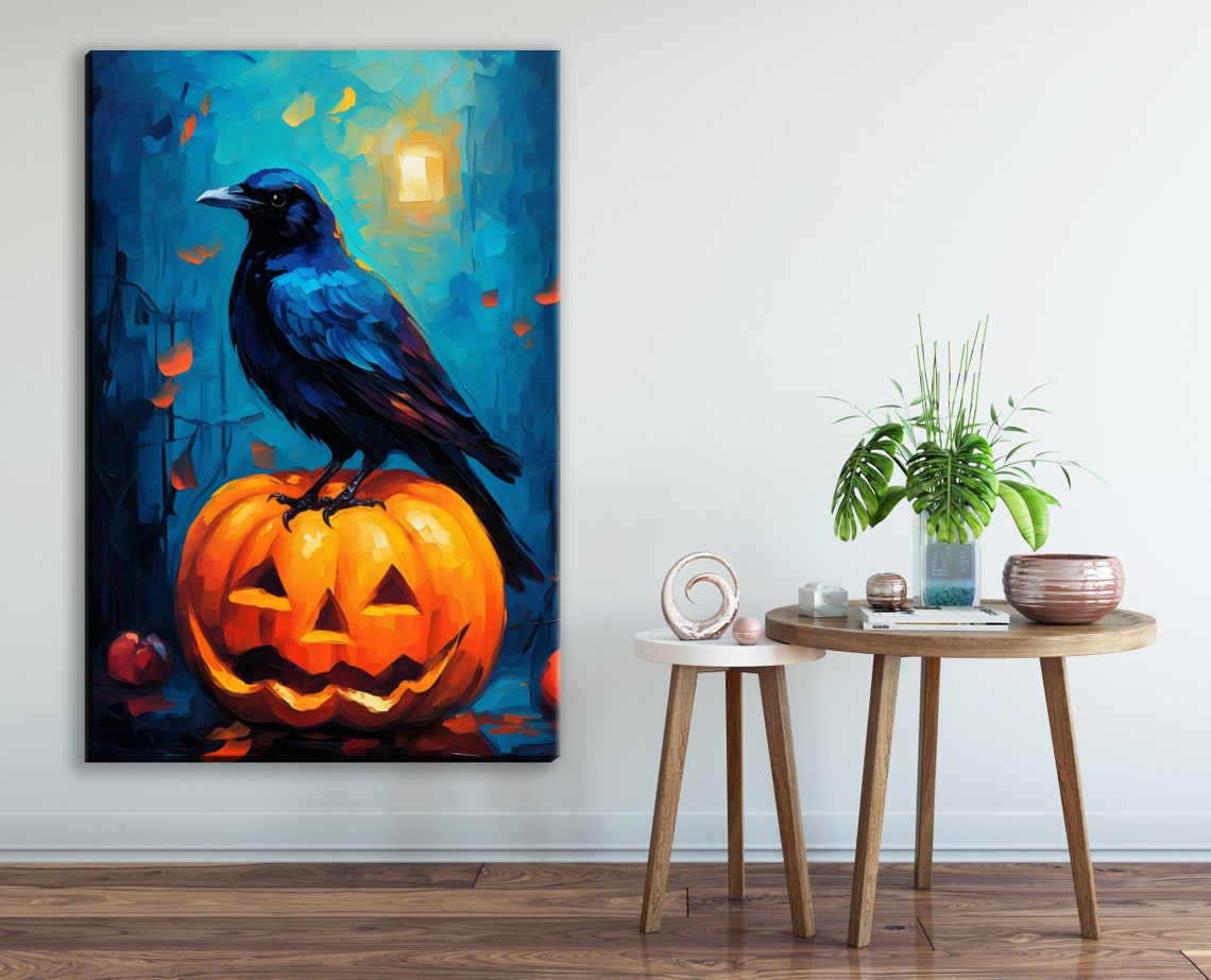 Black Crow on Jack O Lantern Halloween Night Spooky Art Poster - Image 2