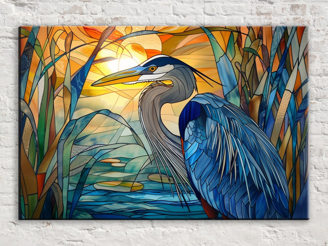 Blue Heron Stained Glass Golden Sunrise Close Up Wildlife Poster