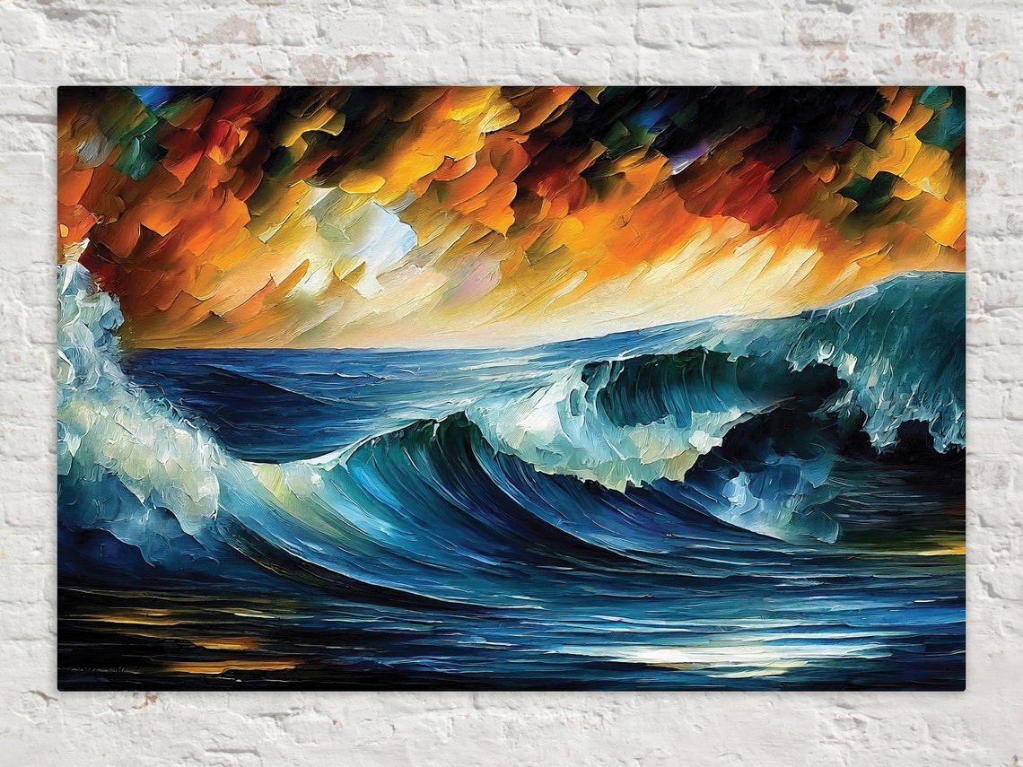 Ocean Wave at Sunset Deep Blue Surf Dramatic Sky Oil Paint Poster