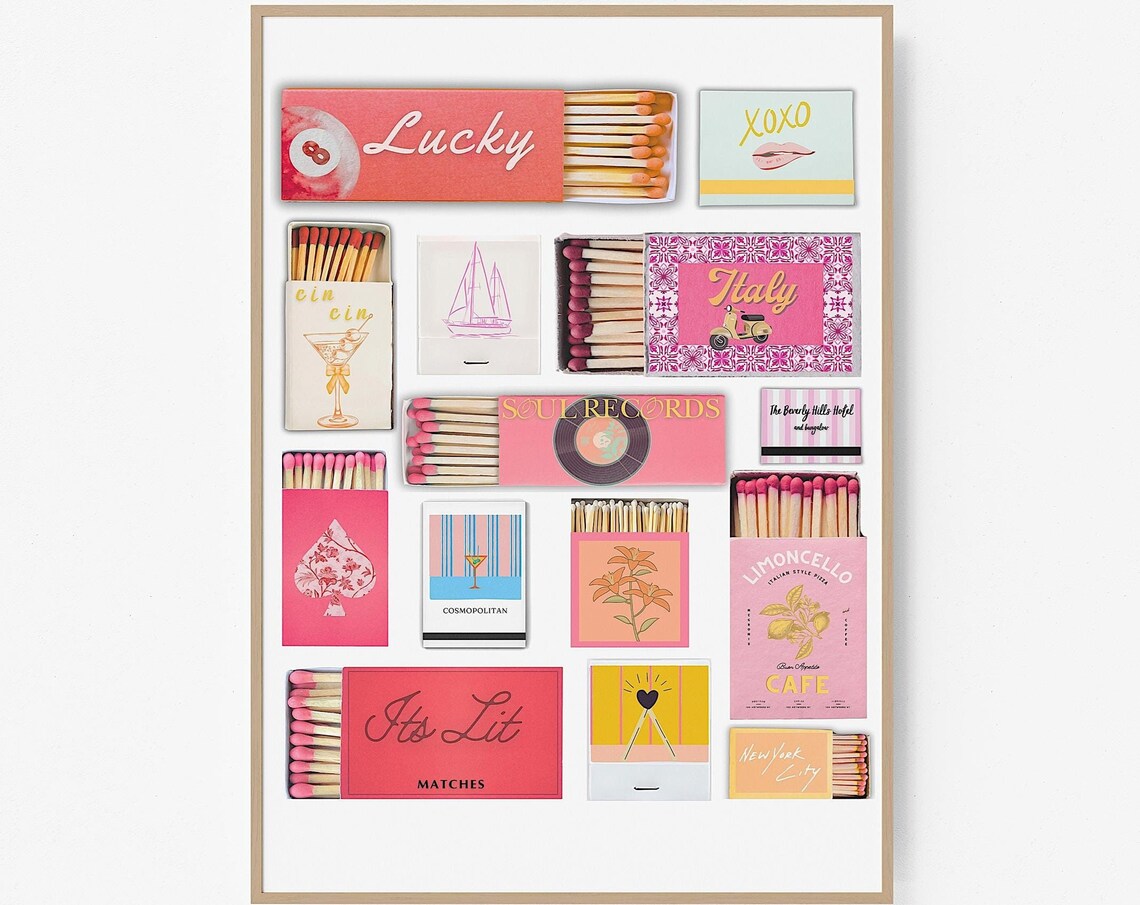 Pink Matchbox Collage Lucky 8 Ball Cocktails Italy Trendy Poster - Image 2
