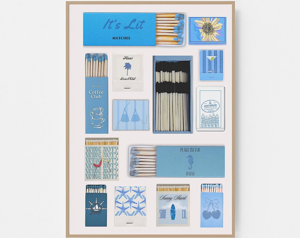 Blue Matchbox Collage Coastal Aesthetic Trendy Matchbook Poster