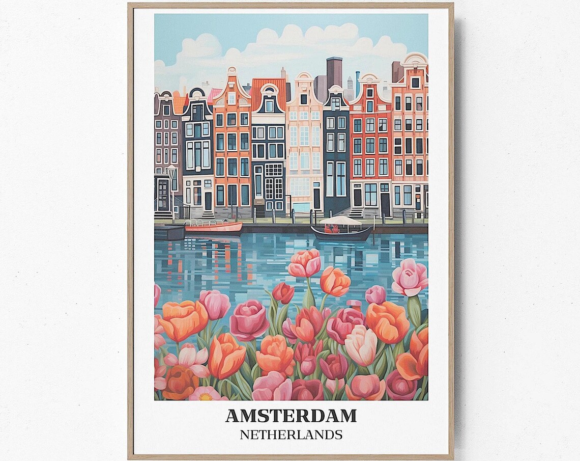 Amsterdam Canal Houses and Blooming Tulips European Travel Poster