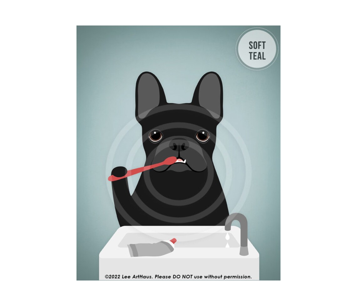 Black French Bulldog Brushing Teeth At Sink Funny Dog Art Poster - Image 4