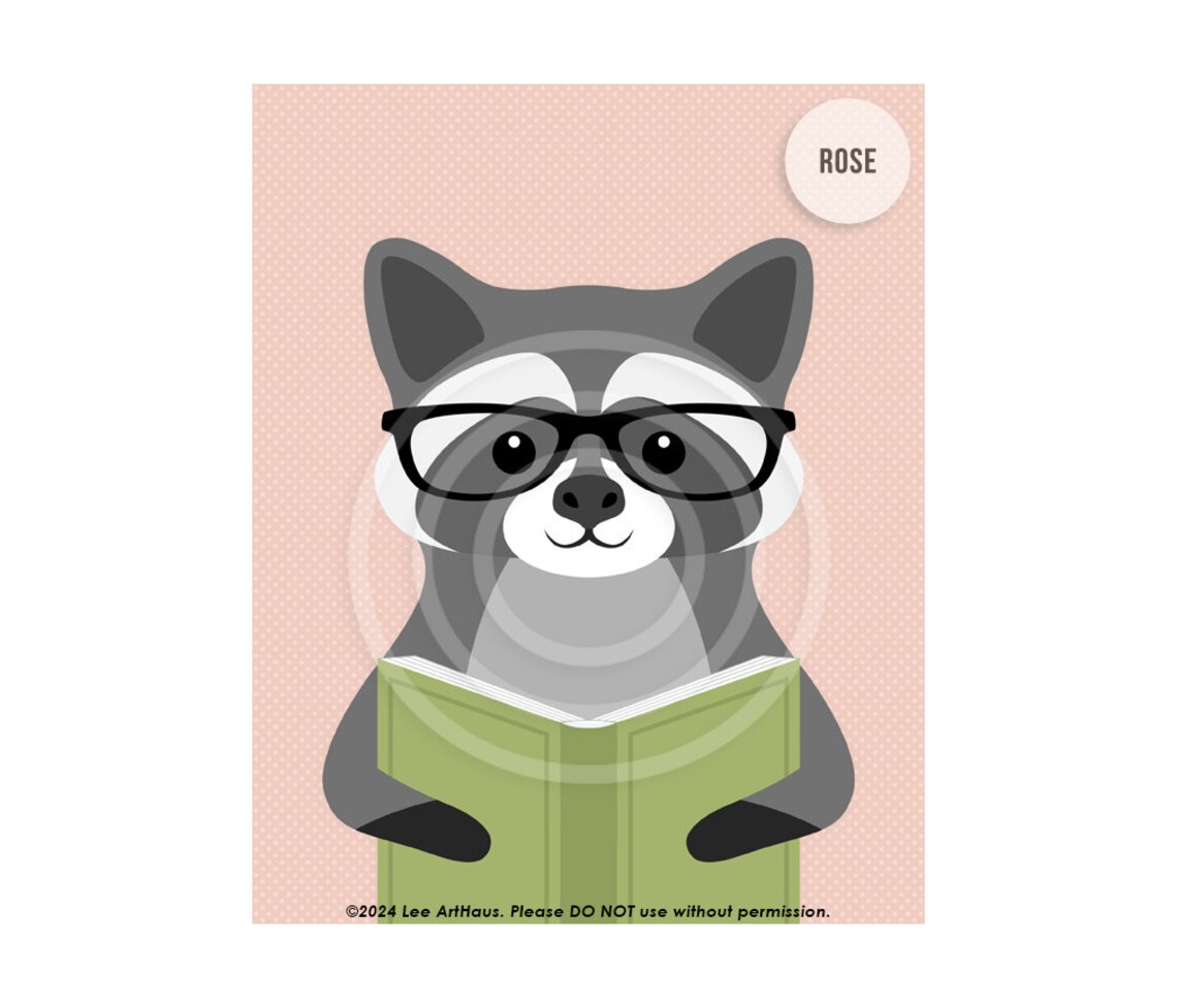 Cute Raccoon Reading Book With Glasses Green Forest Kids Room Decor Poster - Image 4