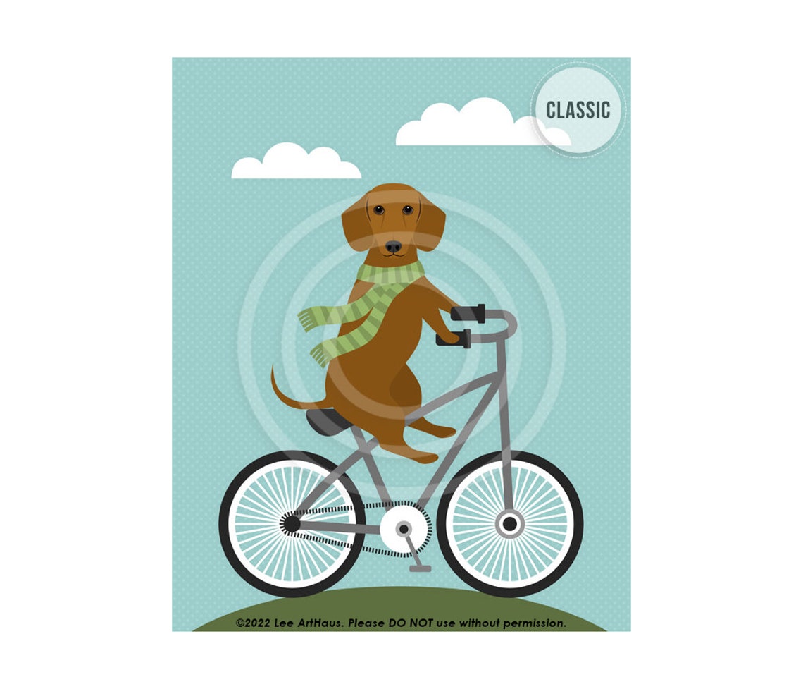 Red Dachshund Riding Bicycle With Green Scarf Cute Dog Art Poster
