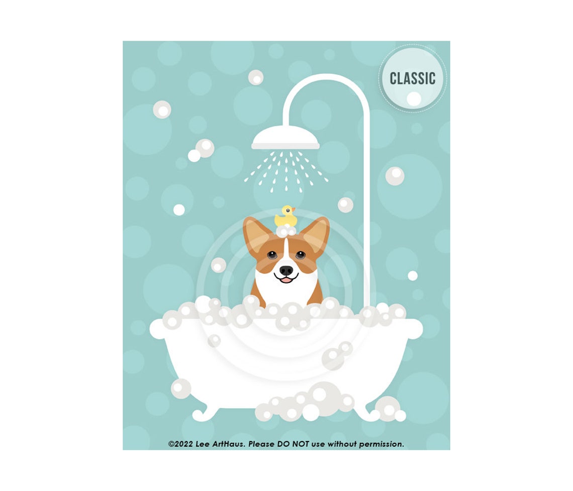 Smiling Corgi Bubble Bath Shower Rubber Ducky Teal Bathroom Poster