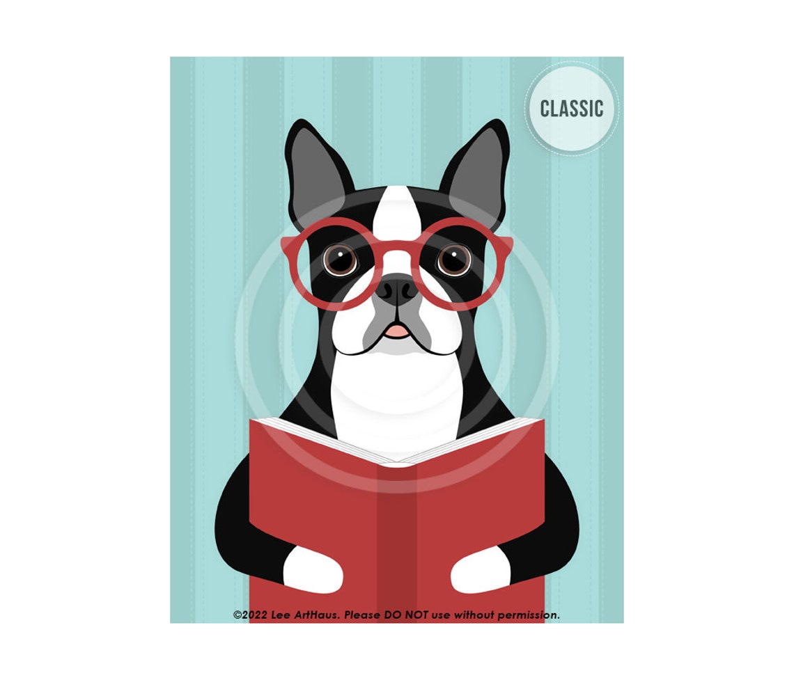 Boston Terrier Wearing Red Glasses Reading Book Smart Funny Dog Poster