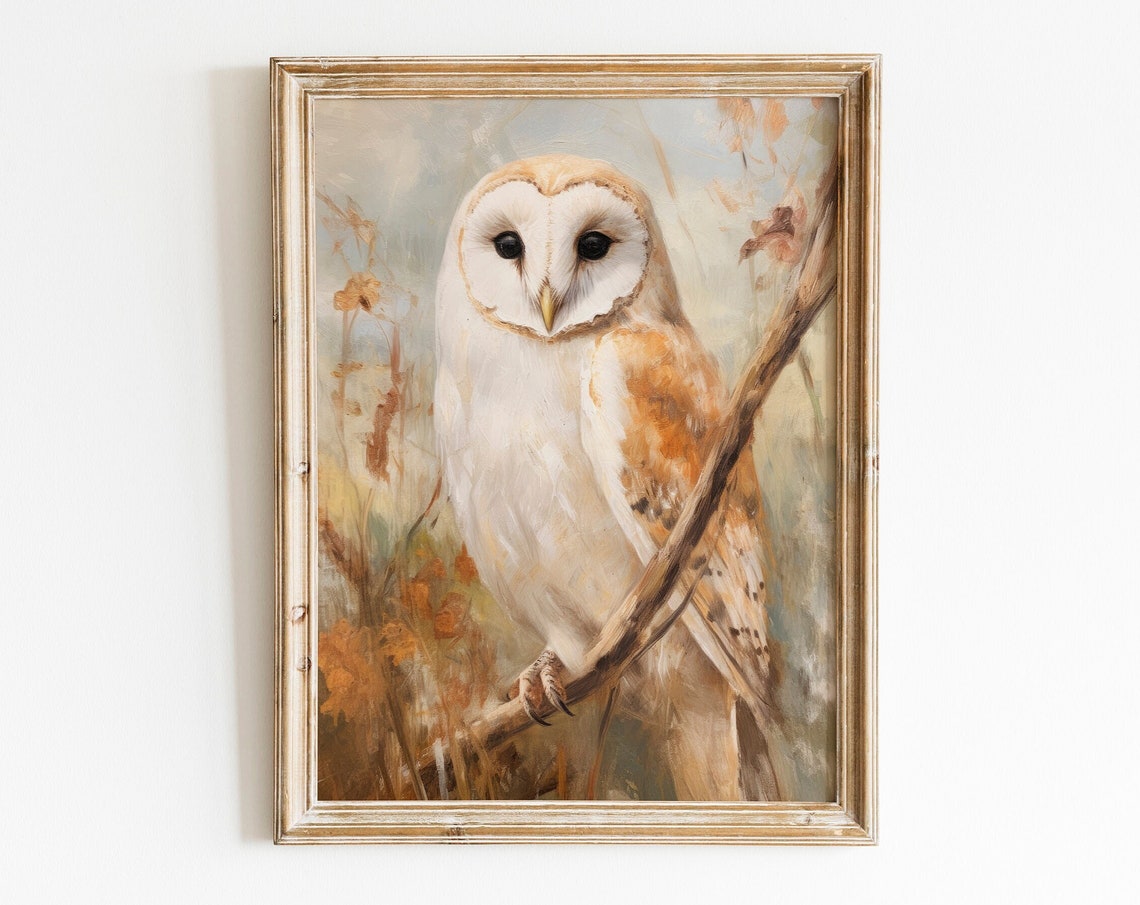 Muted Barn Owl Perched on Branch Autumn Oil Painting Style Poster