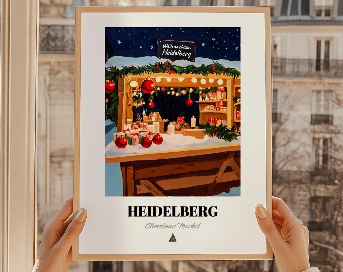 Heidelberg Christmas Market Wooden Stall Snow Night Holiday Poster