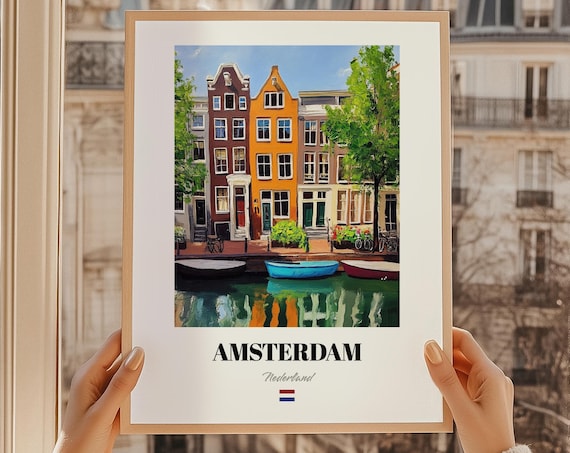 Amsterdam Netherlands Travel Poster Canal Houses Painting City Decor