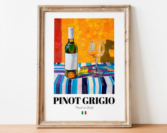 Pinot Grigio White Wine Bottle Glass Italian Sunset Art Poster