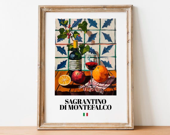 Sagrantino di Montefalco Italian Wine Painting Bottle Glass Citrus Fruit Poster
