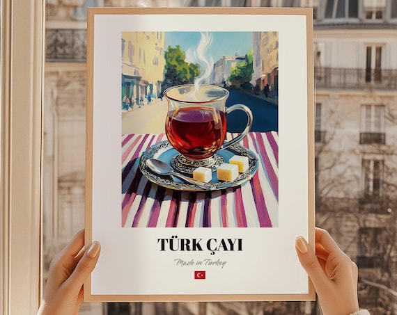 Turk Cayi Turkish Tea Steaming Glass Street Scene Kitchen Poster