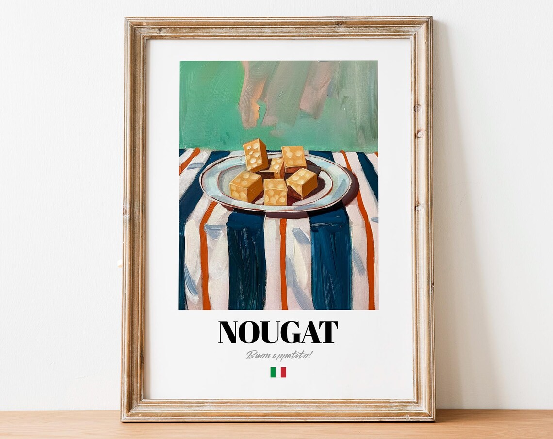 Nougat Cubes Plate Striped Tablecloth Italian Sweet Treat Dessert Print