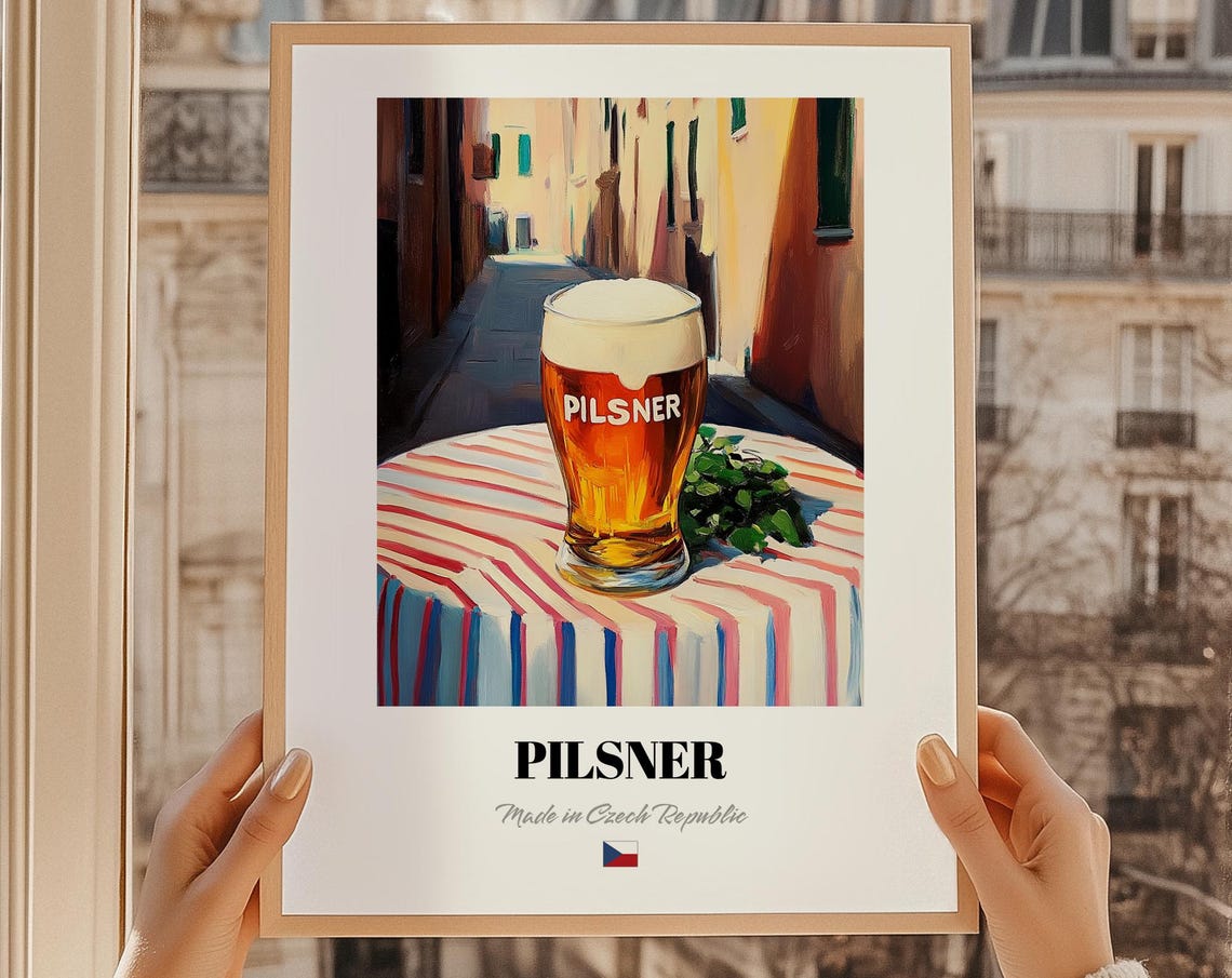 Pilsner Czech Beer Frothy Glass Painted Street Cafe Bar Poster
