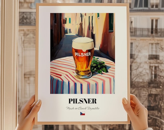 Pilsner Czech Beer Frothy Glass Painted Street Cafe Bar Poster