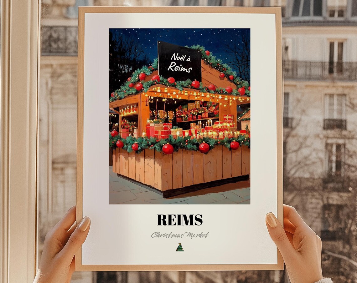 Reims Christmas Market Night Stall France Holiday Travel Poster