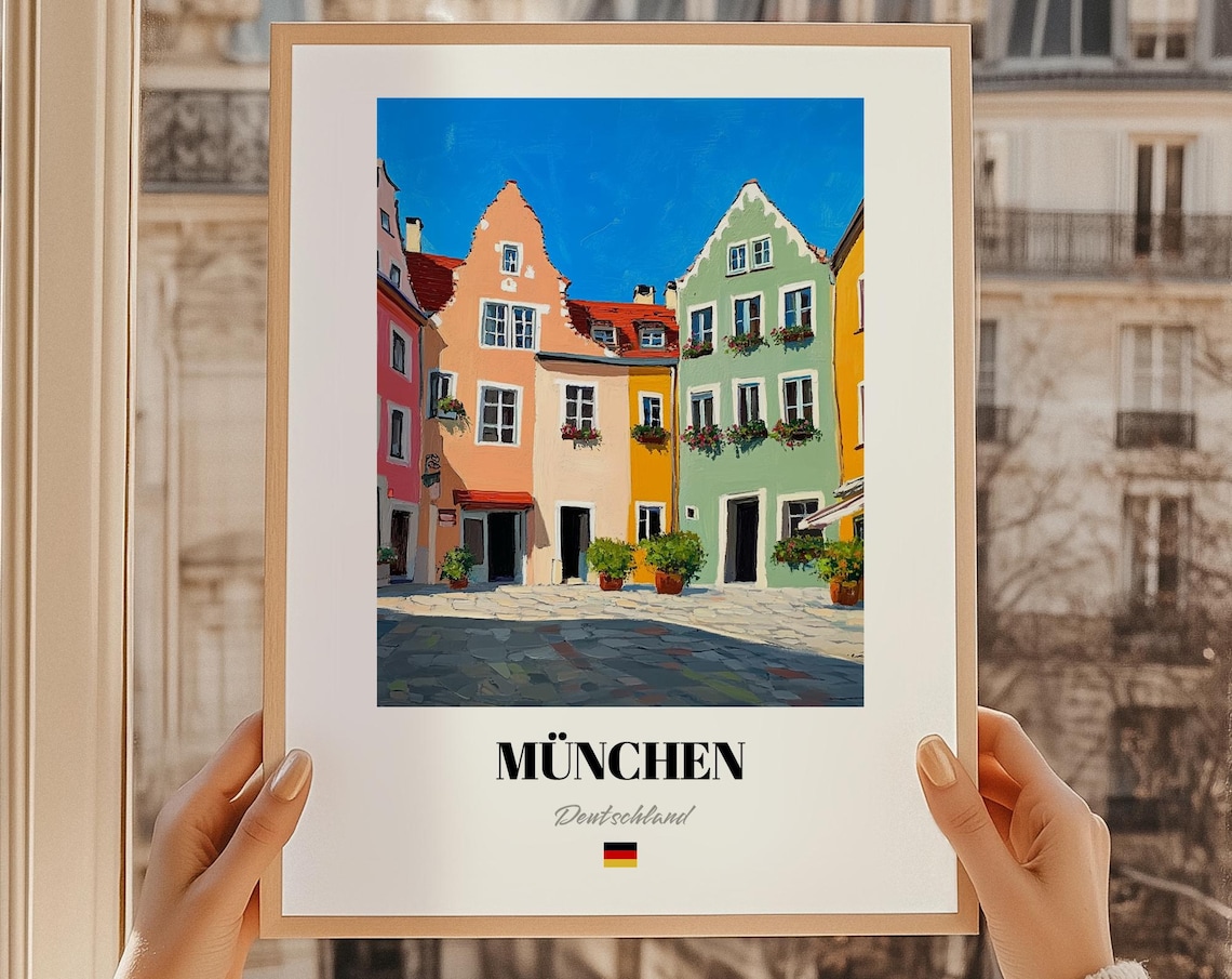Munchen Germany Travel Poster Colorful Old Town Houses Painting Decor