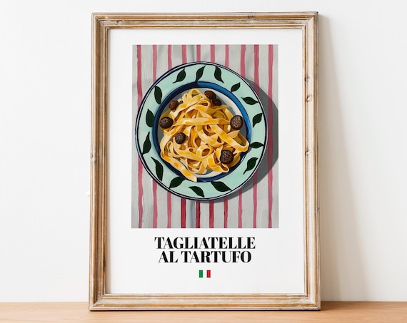 Tagliatelle Al Tartufo Pasta Poster Leaf Plate Pink Striped Wall Decor